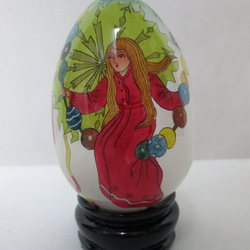Cloisonne Egg blown glass Angel Vintage hand painted stand Box Christmas Decor